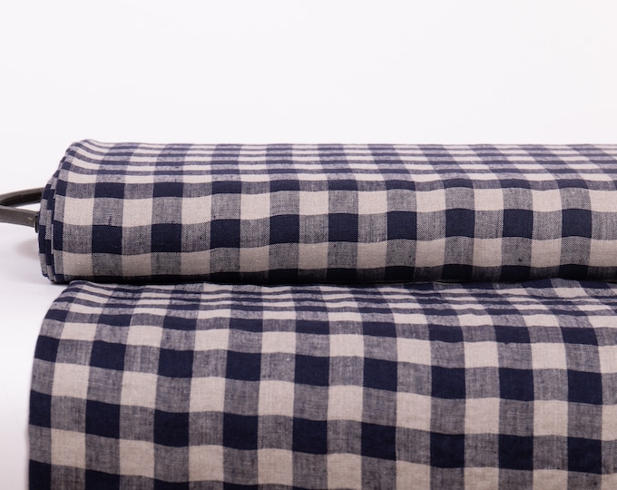 Medium Weight Linen Fabric in a Navy Blue Gingham Check Pattern. Pre-Washed, Suitable for use in Clothing, Home Textiles, Tableware