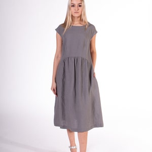 LinenBuy Pure 100% linen dress. Dove gray color. Midi stylish, light-fitting dress from washed linen. Medium length dress with 2 pockets. image 2