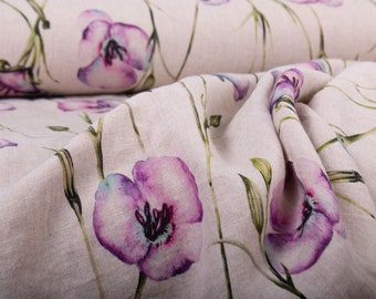 California Poppy Linen Fabric: Natural Floral Print, Medium Weight By The Yard
