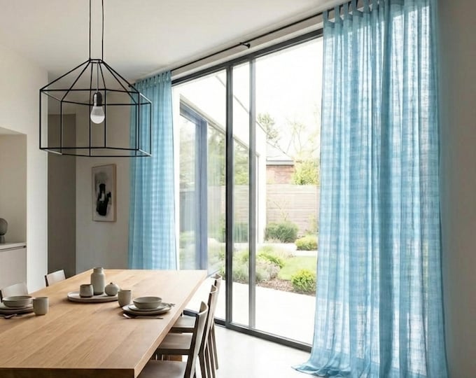 Light Blue Linen Curtains, Sheer Plaid Linen Curtain Panel, Soft Turquoise Checked Linen Drapery, Rod Pocket or Tab Top Linen Voile Curtains