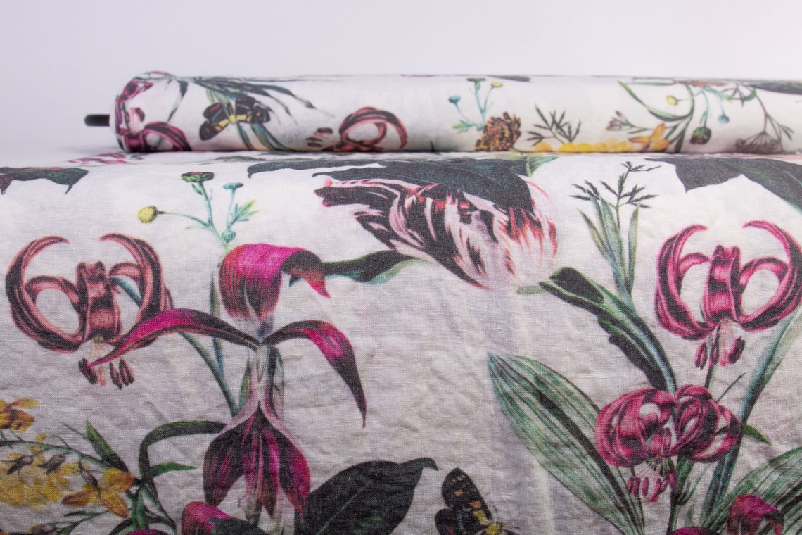 Pure 100 Linen Fabric. Floral Digital Print Fabric UTOPIA Etsy
