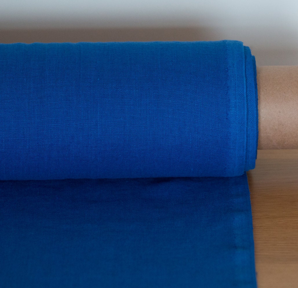 LINEN FABRIC medium weight Bright blue Cornflower blue washed pure 100
