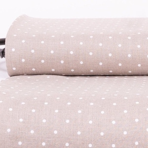 Pure 100% linen fabric with white polka dots. Organic, medium weight, washed, durable by sewing dress, home textile. By yards, by meters
