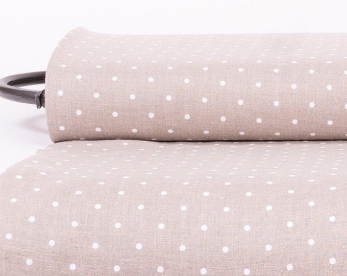 Pure 100% linen fabric with white polka dots. Organic, medium weight, washed, durable by sewing dress, home textile. By yards, by meters