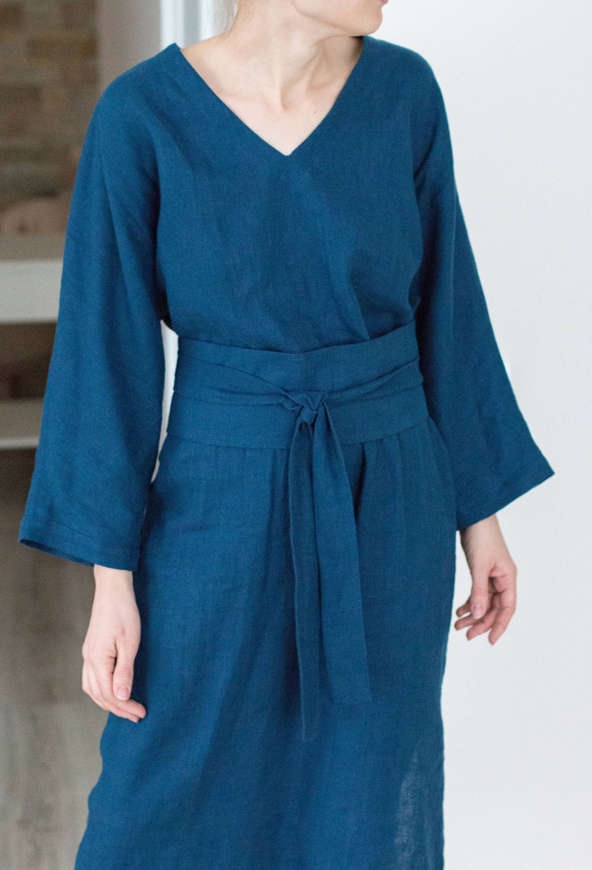 Linen Dress, Linen Kimono Dress with long sleeves, Obi Belt Dress