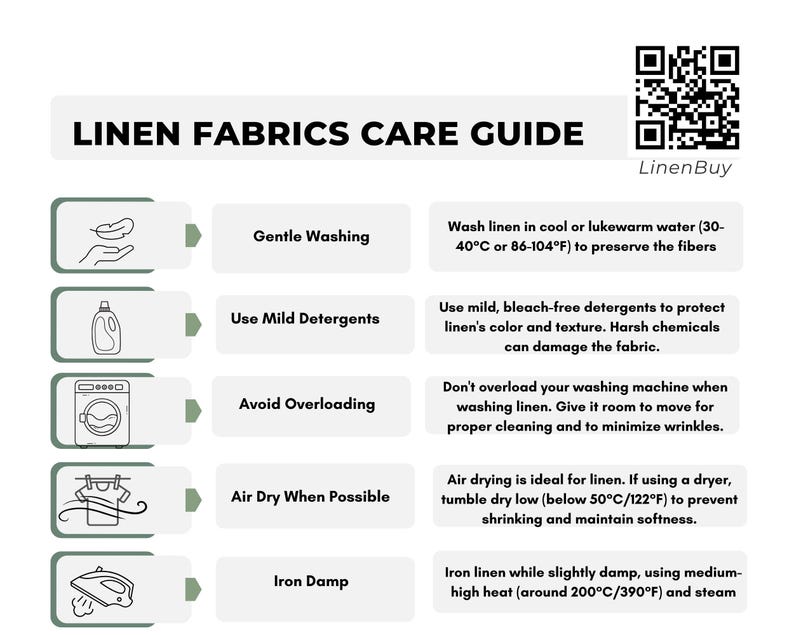 Puede incluir: Una gu&iacute;a para el cuidado de las telas de lino. La gu&iacute;a incluye instrucciones para un lavado suave, el uso de detergentes suaves, evitar sobrecargar la lavadora, secar al aire libre cuando sea posible y planchar h&uacute;medo. La gu&iacute;a tambi&eacute;n incluye un c&oacute;digo QR para LinenBuy.