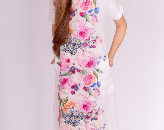 Resort Vacation Dress: Linen Dress with Floral Bands. Consider Gifting A Linen Dress For Mother's Day