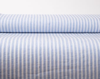 Wholesale French 100% Pure Linen Fabric - Light Weight Off-White & Blue Striped | Fabric by the Bolt