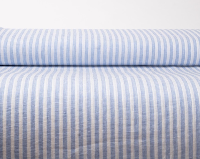 Wholesale French 100% Pure Linen Fabric - Light Weight Off-White & Blue Striped | Fabric by the Bolt