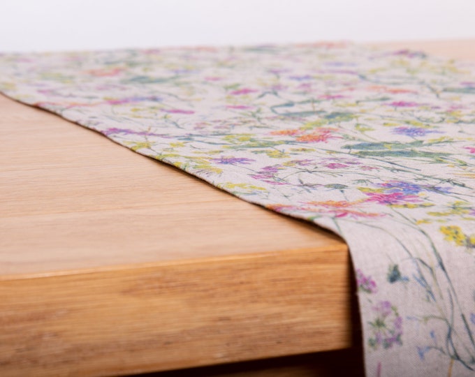 Botanical Print Linen Runner - 100% Organic for Dining Table, Kitchen Island.