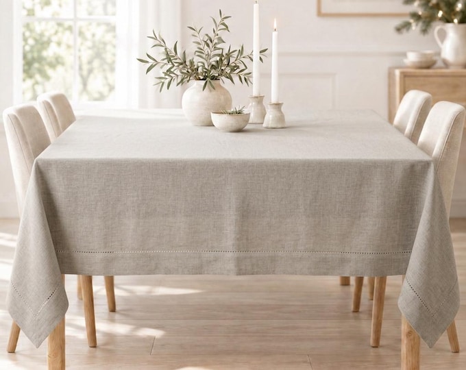 Linen Tablecloth with Hemstitch Detail, Pure European Linen Table Cloth, Natural & Off-White Custom Table Runner, Elegant Dining Decor