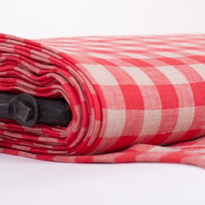 Linen fabric 200gsm medium weight, Pure 100% Red and not- dyed Gingham check, washed and softened,