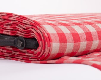 Linen fabric 200gsm medium weight, Pure 100% Red and not- dyed Gingham check, washed and softened,