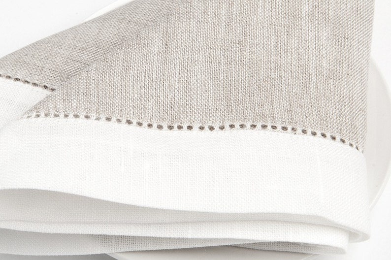 100 /% LINEN NAPKINS SET Of 6 Grey with off-white borders Luxury napkins Wedding napkins Rustic linen napkinsMedium-weigh linen napkins