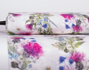 Floral Linen Fabric: Washed Off-White Thistle Print, Medium Weight