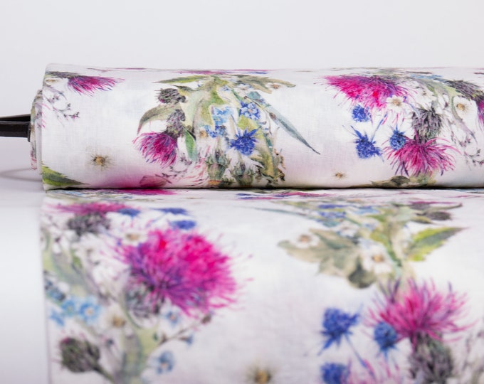 Versatile 100% Linen Fabric with Beautiful Thistle and Dragonfly Digital Print. Flat Shipping Rate for All Orders