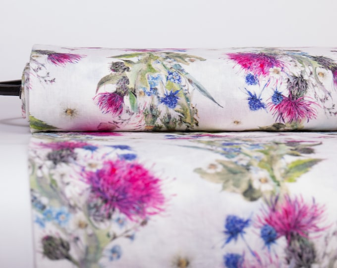 Versatile 100% Linen Fabric with Beautiful Thistle and Dragonfly Digital Print. Flat Shipping Rate for All Orders