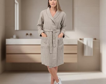 Linen Bathrobe Women, Grey Waffle Linen Robe with Shawl Collar, Soft Cotton Linen Spa Robe, Lightweight Kimono Robe, Cozy Gift for Her