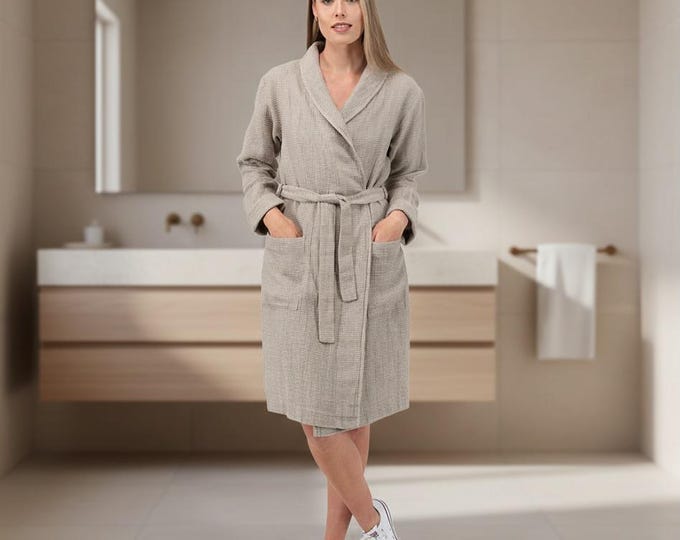 Linen Bathrobe Women, Grey Waffle Linen Robe with Shawl Collar, Soft Cotton Linen Spa Robe, Lightweight Kimono Robe, Cozy Gift for Her