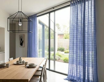 Blue Linen Curtains, Sheer Denim Blue Linen Curtain Panel, Soft Checked Indigo Linen Drapery, Rod Pocket or Tab Top Linen Voile Curtains