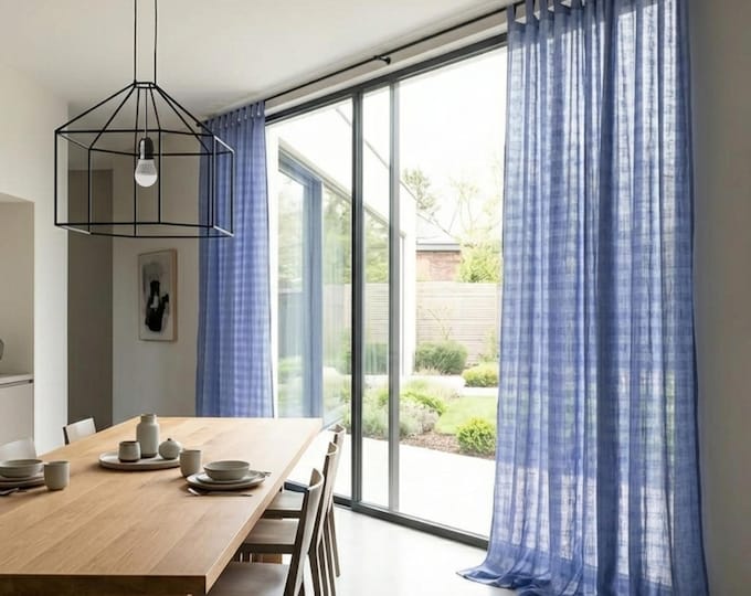 Blue Linen Curtains, Sheer Denim Blue Linen Curtain Panel, Soft Checked Indigo Linen Drapery, Rod Pocket or Tab Top Linen Voile Curtains