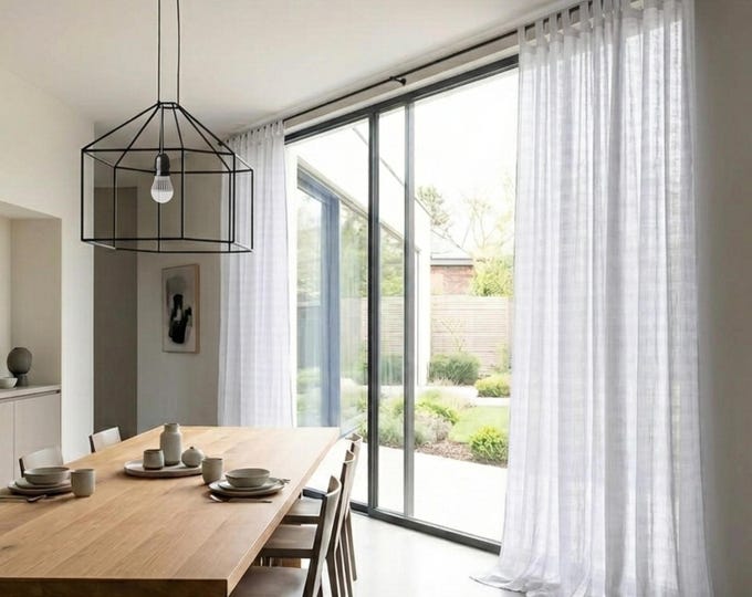 Optical White Linen Curtains, Sheer Pure White Linen Curtain Panel, Bright White Checked Linen Drapery, Tab Top Linen Voile Curtains