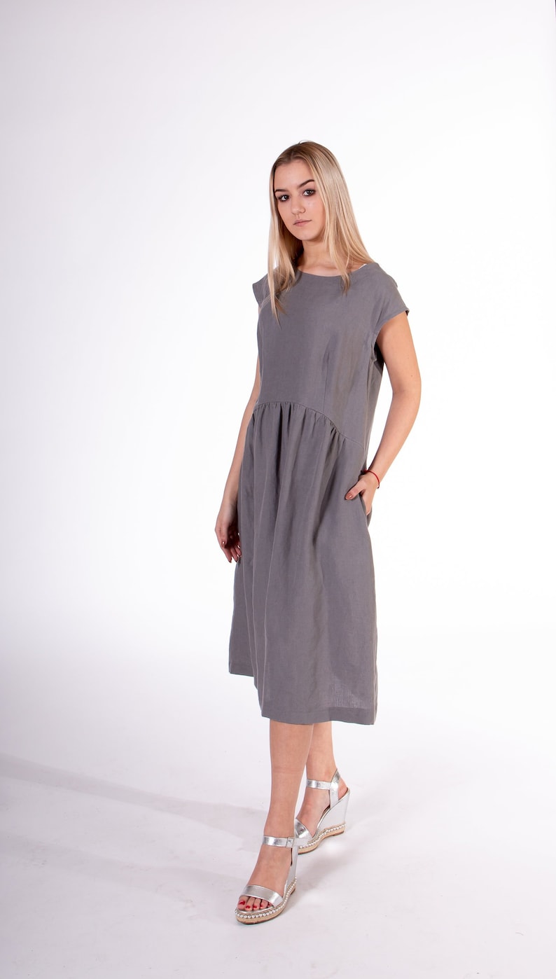 LinenBuy Pure 100% linen dress. Dove gray color. Midi stylish, light-fitting dress from washed linen. Medium length dress with 2 pockets. image 1