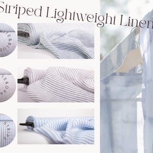 May include: Striped Lightweight Linens fabric rolls featuring white and blue, white and gray, and blue wide strips patterns. The text White & Blue, White & Gray, and Blue Wide Strips is printed on circular fabric swatches next to the rolls.