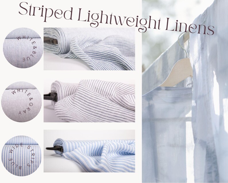 May include: Striped Lightweight Linens fabric rolls featuring white and blue, white and gray, and blue wide strips patterns. The text White & Blue, White & Gray, and Blue Wide Strips is printed on circular fabric swatches next to the rolls.