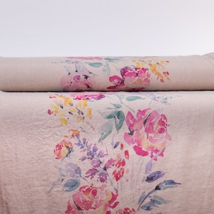 LinenBuy Watercolor Rose Pure 100% Linen Fabric Digitally Printed Not-Dyed Medium Weight Washed Sold by The Yard M2-0156-0103