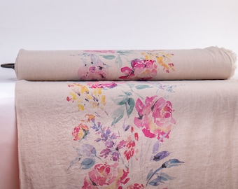 Aquarelle Rose Linen Fabric: Digitally Printed Medium Weight - Sold by The Yard