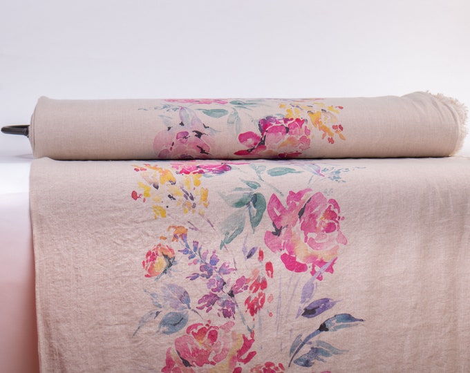 LinenBuy Watercolor Rose Pure 100% Linen Fabric Digitally Printed Not-Dyed Medium Weight Washed Sold by The Yard M2-0156-0103