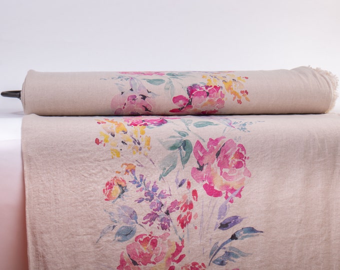 LinenBuy Aquarelle Rose Pure 100% Linen Fabric. Digitally Printed Not-Dyed Medium Weight Washed Sold by The Yard M2-0156-0103