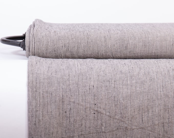 Pure 100% Linen Not-dyed/Dark gray Narrow Striped Fabric. Medium weight Washed Dense Durable Non-transparent Organic Biologically Decay