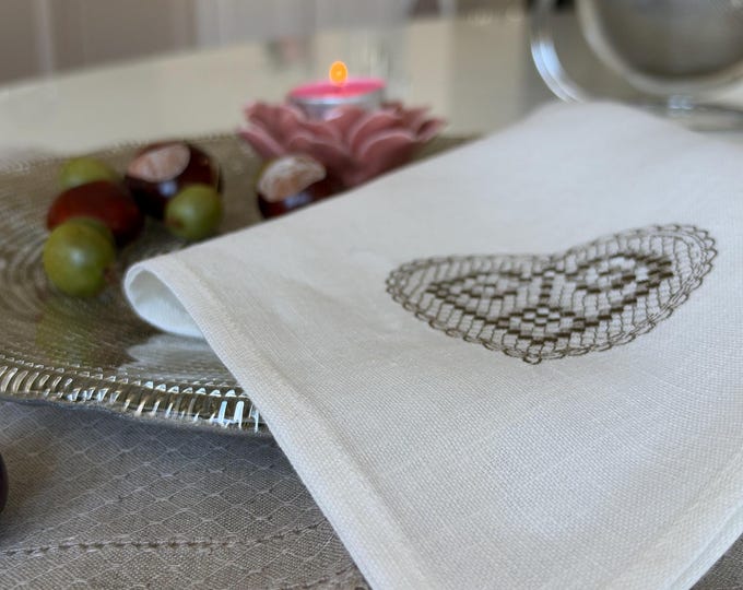 White Linen Napkin with Beige Heart Embroidery, Xmas Table Decor, Holiday Cloth Napkins, Romantic Table Decor, Family Christmas Gift