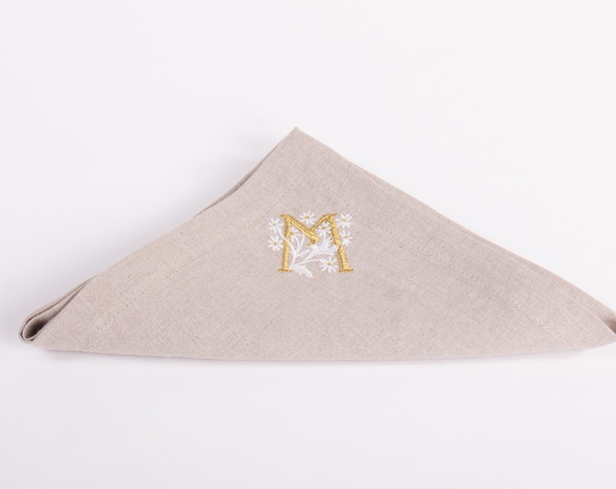 Custom Linen Dinner Napkins: Initial & Flower Embroidery, Spring Table Decor