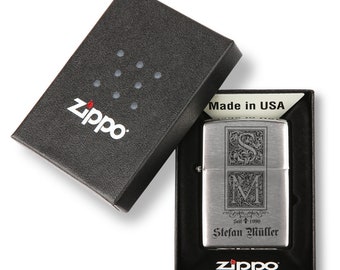Original Zippo with engraving lighter individually personalized Chrome Brushed / Brass gift for men - decorated initials