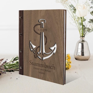 Personalized family book, real wood and leather, your individual engraving for wedding / registry office DIN A5 | A4 - anchor cut out