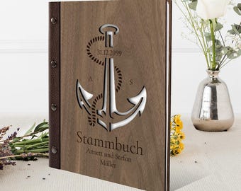 Personalized family book, real wood and leather, your individual engraving for wedding / registry office DIN A5 | A4 - anchor cut out