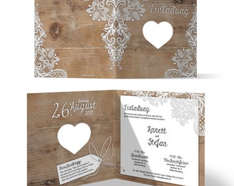 Personalisierte Hochzeit Einladungskarten Hochzeitseinladungen individuell selbst gestalten - Rustikal mit weißer Spitze Motiv Laserschnitt