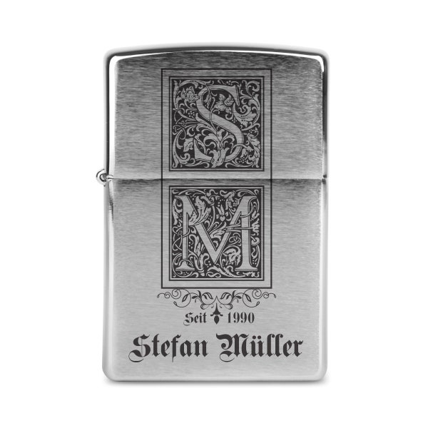 Original Zippo mit Gravur Feuerzeug individuell personalisiert Chrome Brushed / Messing Geschenk für Männer - Verzierte Initialen