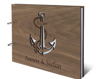 Personalized wedding guest book, real wood with engraving, DIN A4, cut-out anchor, 72 sheets | 144 natural paper pages, rings for opening