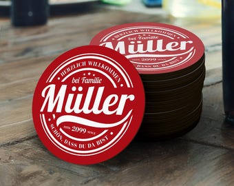 Personalized beer mats/coasters set of 6 washable and reusable - family name - HDF pressed wood 3 mm intensive UV print