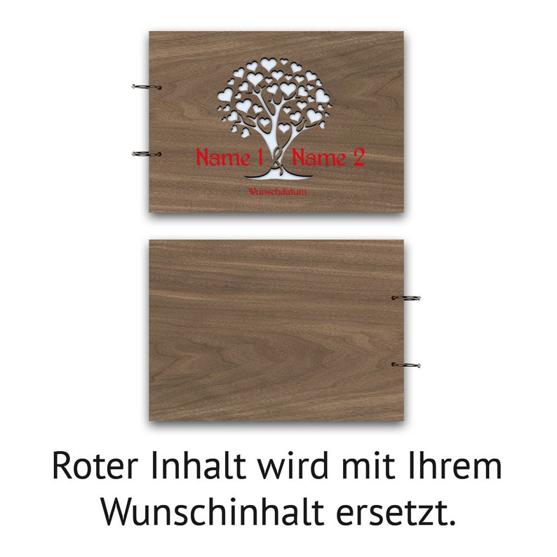 Personalisiertes Hochzeit Gästebuch Holz Cover Gravur individuell lasergeschnitten DIN A4 quer Ringbuch Herzbaum Bild 5