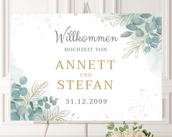 Personalized wedding welcome sign "Eucalyptus" DIN A3, A2 or A1, intensive UV print, 3 mm birch plywood, landscape or portrait
