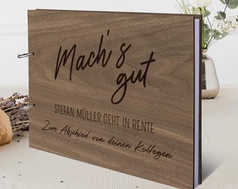 Personalisiertes Abschied Gästebuch "Mach's Gut", Echtes Holz: Ihre Gravur eingebrannt, DIN A4, inkl. 72 Blätter, Ringe zum Öffnen