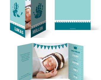 Cartes de naissance individuelles Cartes de naissance Cartes de naissance Cartes de remerciement Filles | Personnalisez les garçons eux-mêmes - empreintes de mains bleues | Rose
