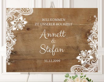 Personalized wedding welcome sign "Rustic" DIN A3, A2 or A1, intensive UV print, 3 mm birch plywood, landscape or portrait
