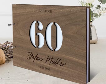 Personalized birthday guest book, real wood with engraving, die-cut number, DIN A4, 72 sheets | 144 natural paper pages, ring binder mechanism