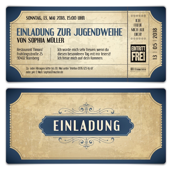 Personalisierte Jugendweihe Einladungskarten mit Abriss Text individuell selbst gestalten - Vintage Eintrittskarten in Blau | Weiß